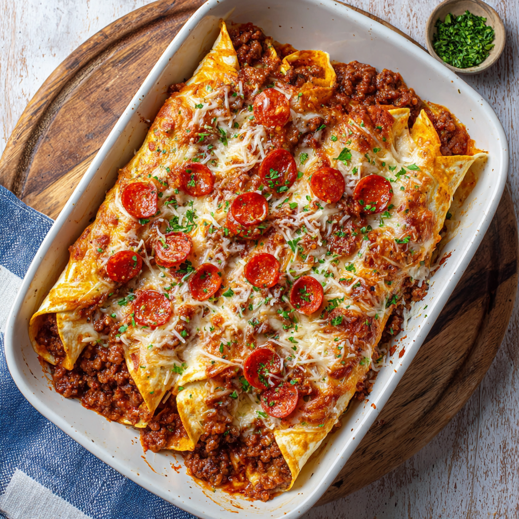 Cheesy Pizza Enchiladas with Ground Beef & Pepperoni
