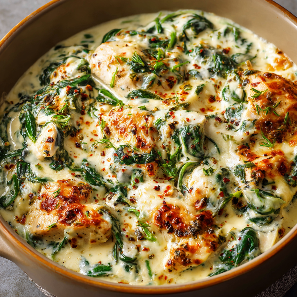 Creamy Spinach Chicken Casserole with Mozzarella and Cream Cheese