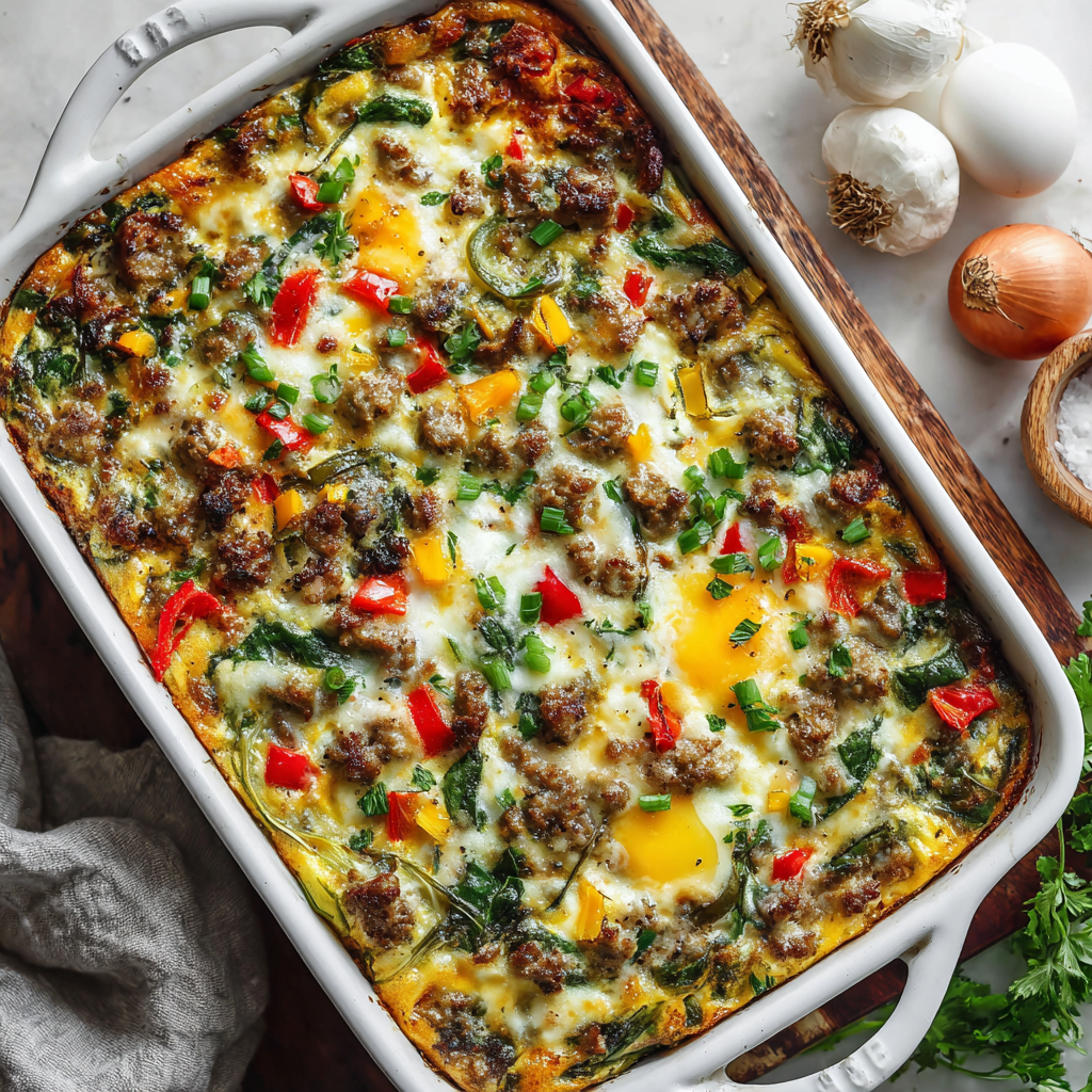 Make-Ahead Breakfast Casserole with Sausage, Veggies & Eggs