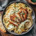 Roasted Garlic Bucatini Alfredo with Smoked Mozzarella Chicken Parm