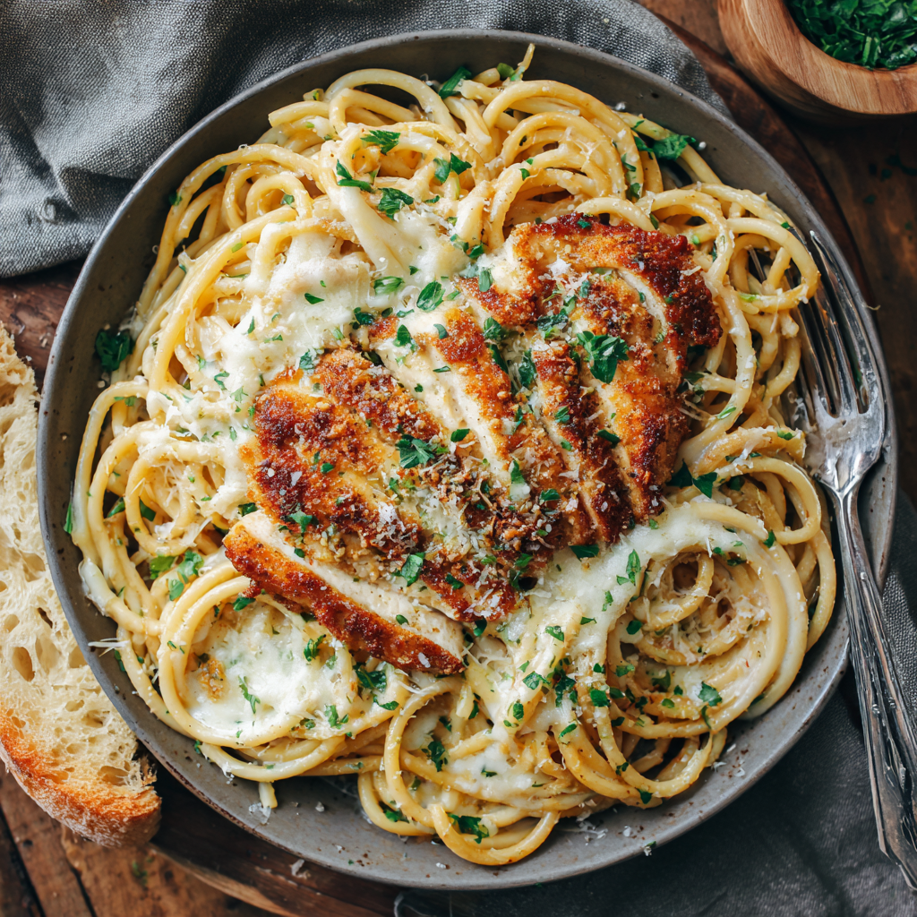 Roasted Garlic Bucatini Alfredo with Smoked Mozzarella Chicken Parm