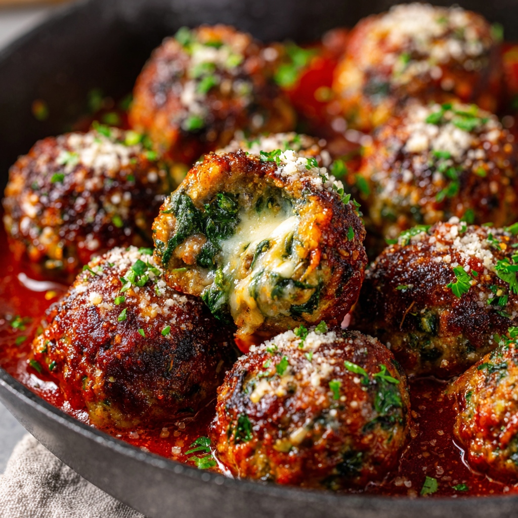Spinach Garlic Meatballs Stuffed with Mozzarella