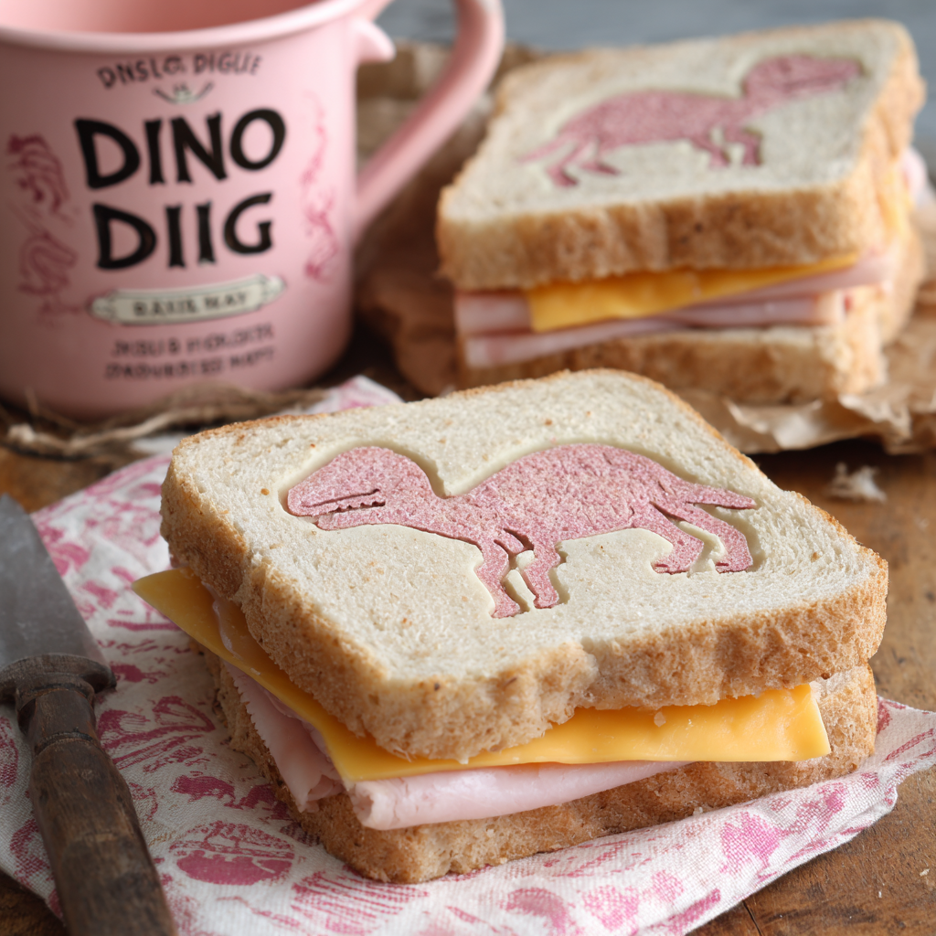 Dino Dig Sandwich Fossils: Pressed Ham & Cheese with Stamps