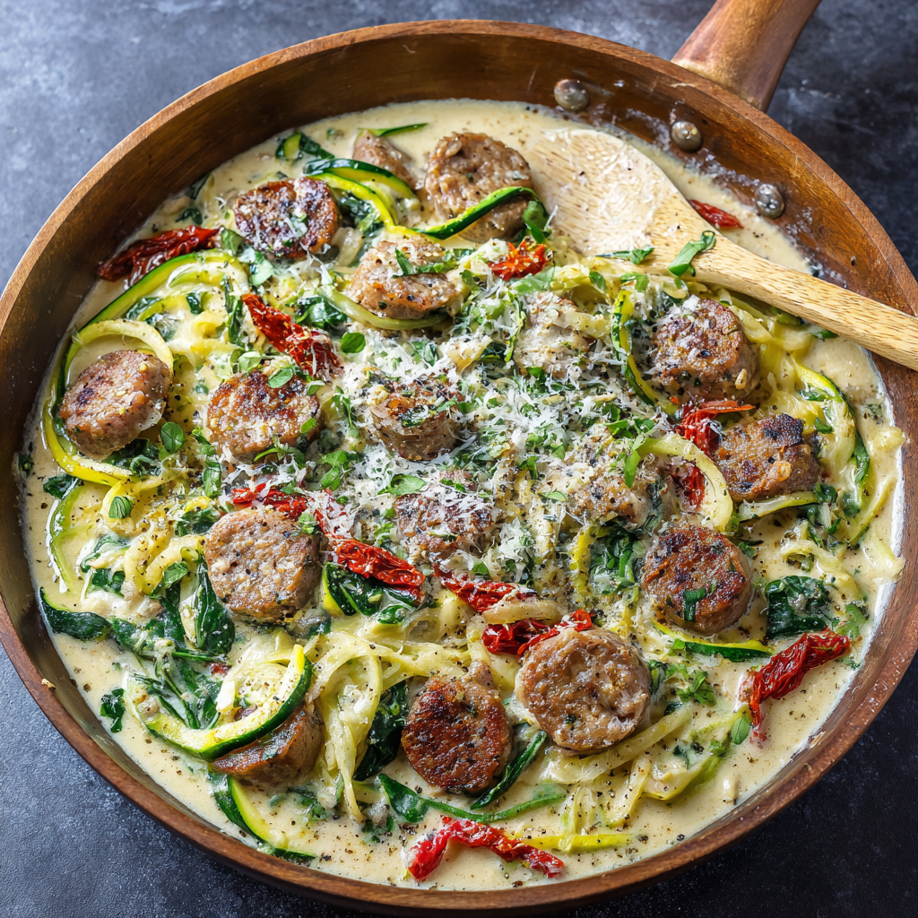 Keto Creamy Tuscan Zucchini Noodles with Sausage