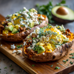 Loaded Breakfast Sweet Potatoes with Cottage Cheese & Eggs