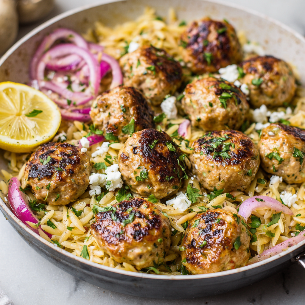 Greek Chicken Meatballs with Lemon Orzo