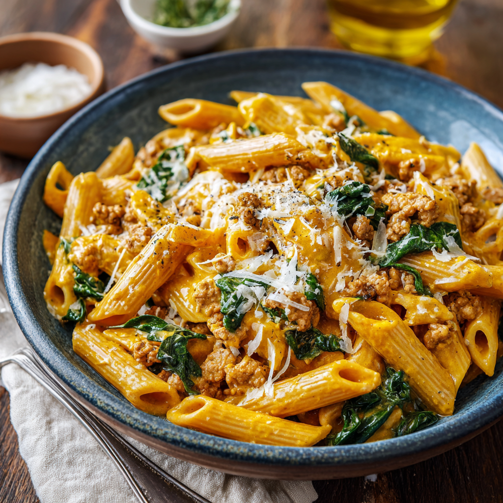 Pumpkin Alfredo Pasta Bowls with Turkey & Spinach