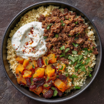 Moroccan Spiced Beef with Apricot Couscous and Mint Yogurt