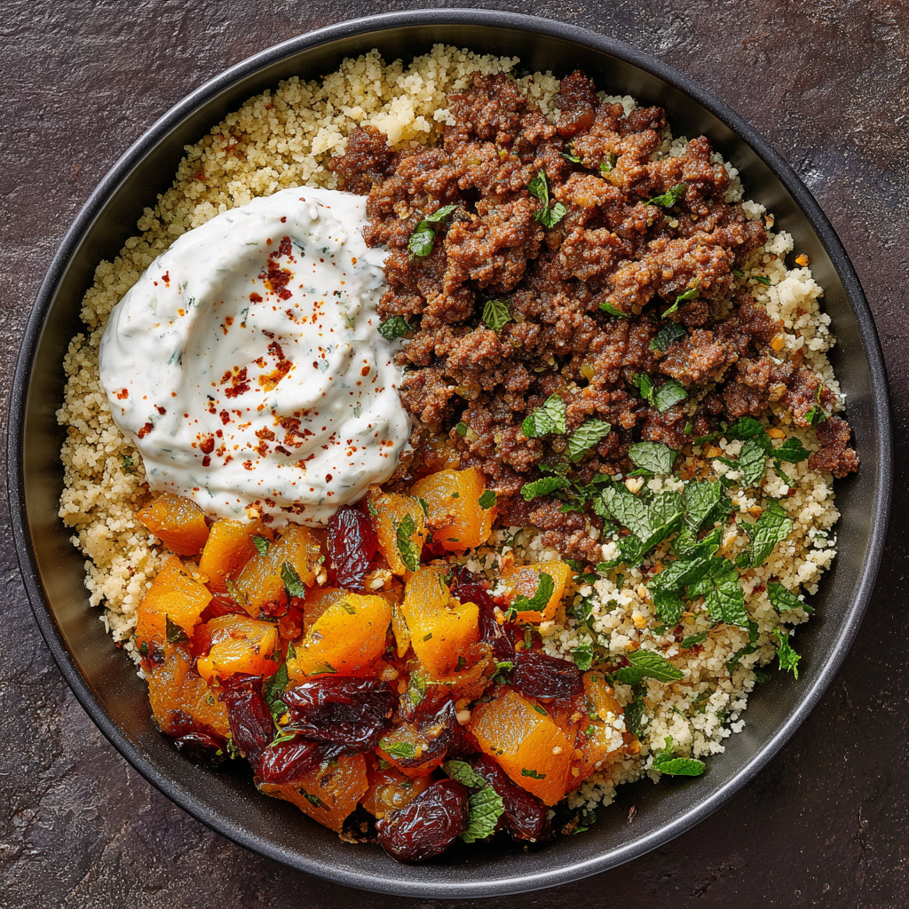 Moroccan Spiced Beef with Apricot Couscous and Mint Yogurt
