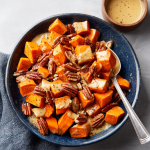Roasted Sweet Potatoes with Orange-Tahini Glaze & Pecans