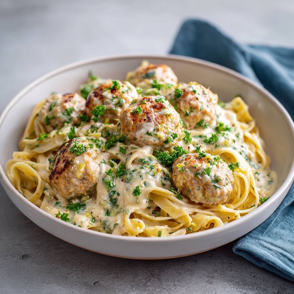Creamy Garlic Parmesan Turkey Meatballs with Herb Pasta