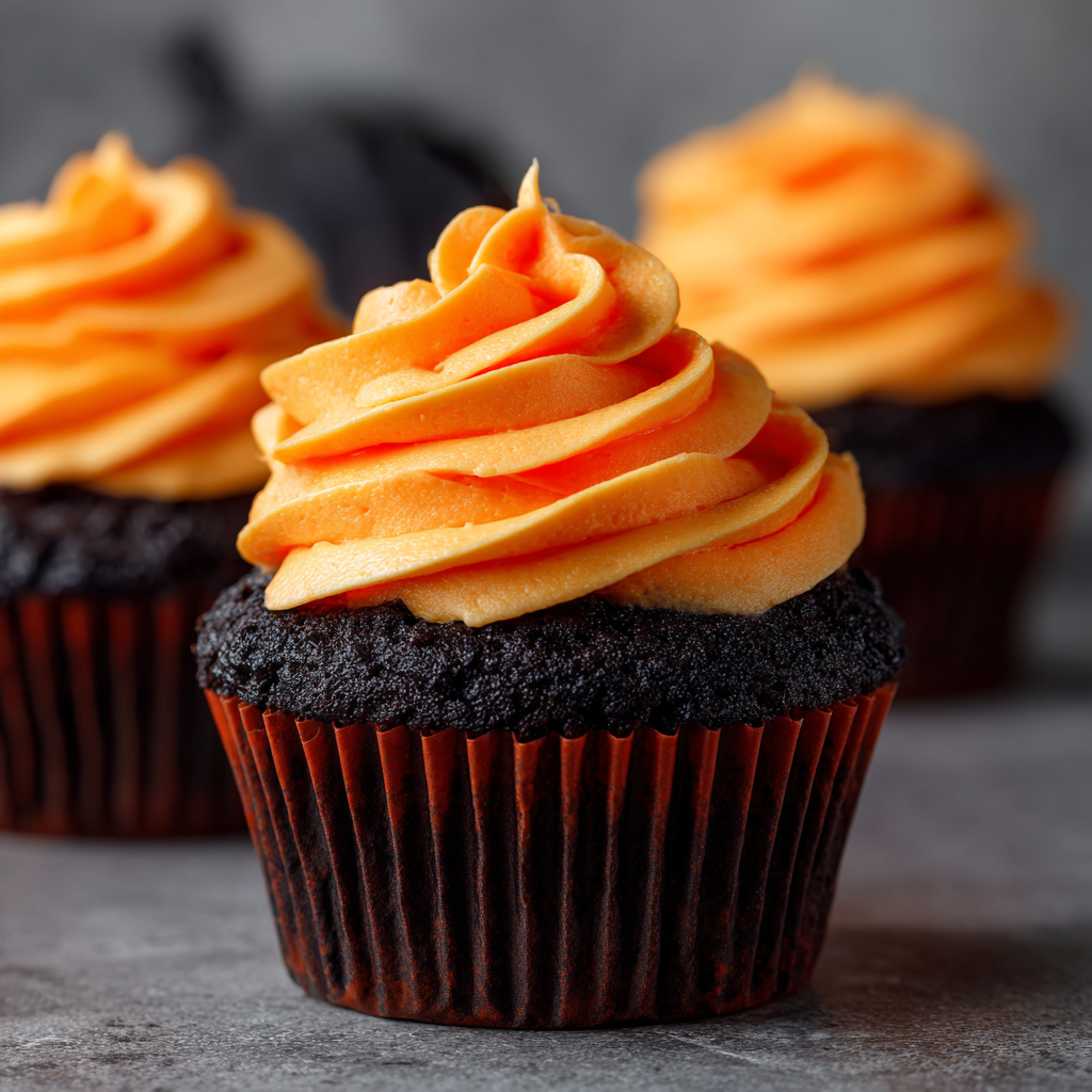 Black Velvet Cupcakes with Orange Frosting