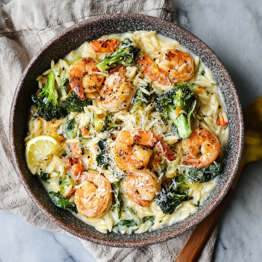 Creamy Garlic Shrimp & Parmesan Veggie Orzo