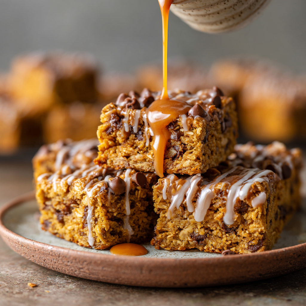 Pumpkin Oatmeal Chocolate Chip Bars with Cinnamon Maple Glaze