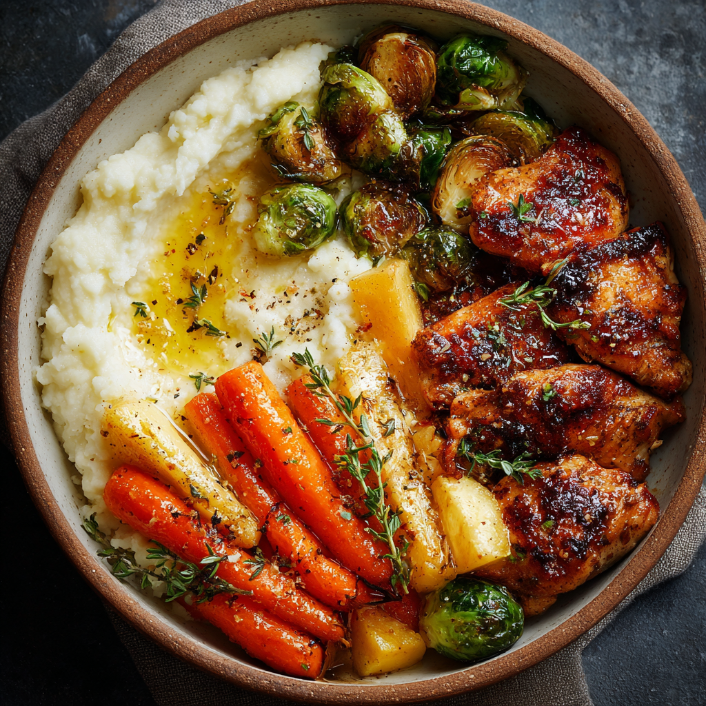 Garlic Butter Chicken & Herb Roasted Veggie Bowls