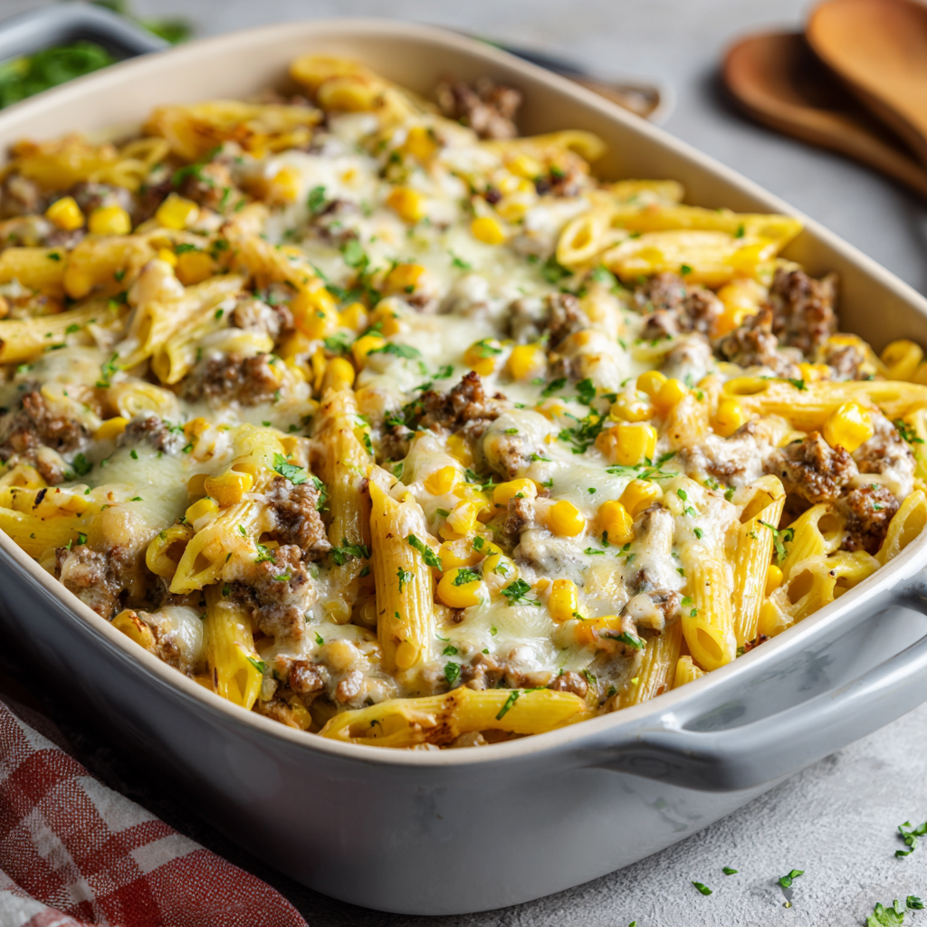 Velvety Ranch Beef & Sweet Corn Penne Bake
