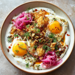 Poached Eggs with Garlic Yogurt, Chilli Oil & Hash Browns