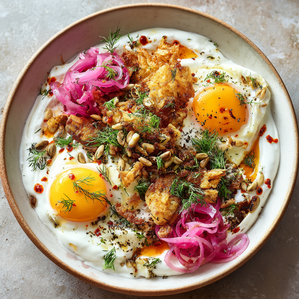 Poached Eggs with Garlic Yogurt, Chilli Oil & Hash Browns