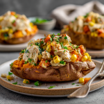Creamy High-Protein Chicken Pot Pie Stuffed Sweet Potatoes