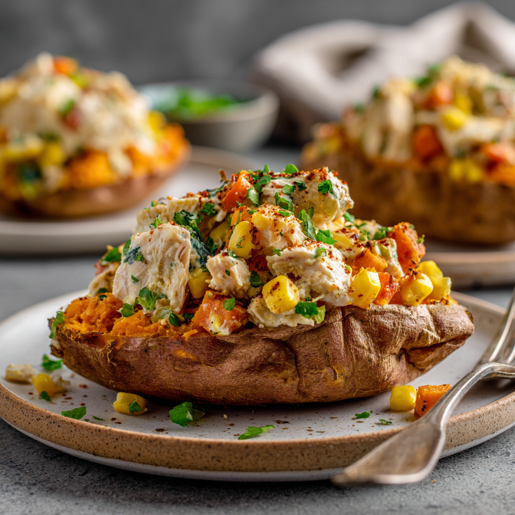 Creamy High-Protein Chicken Pot Pie Stuffed Sweet Potatoes