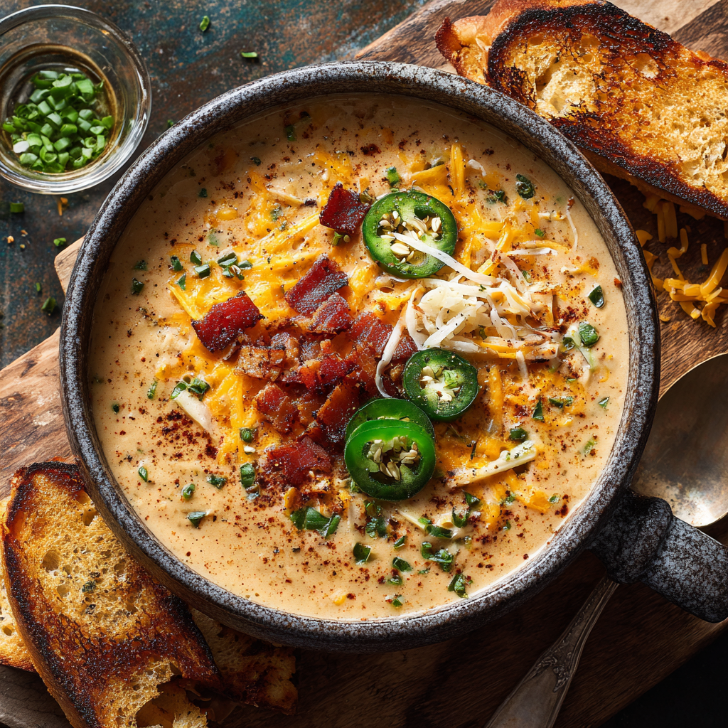 Spicy Jalapeño Popper Soup with Grilled Cheese Dippers