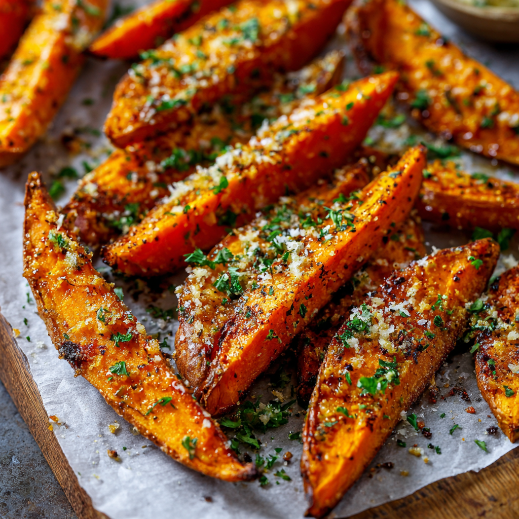 Garlic Parmesan Sweet Potato Wedges