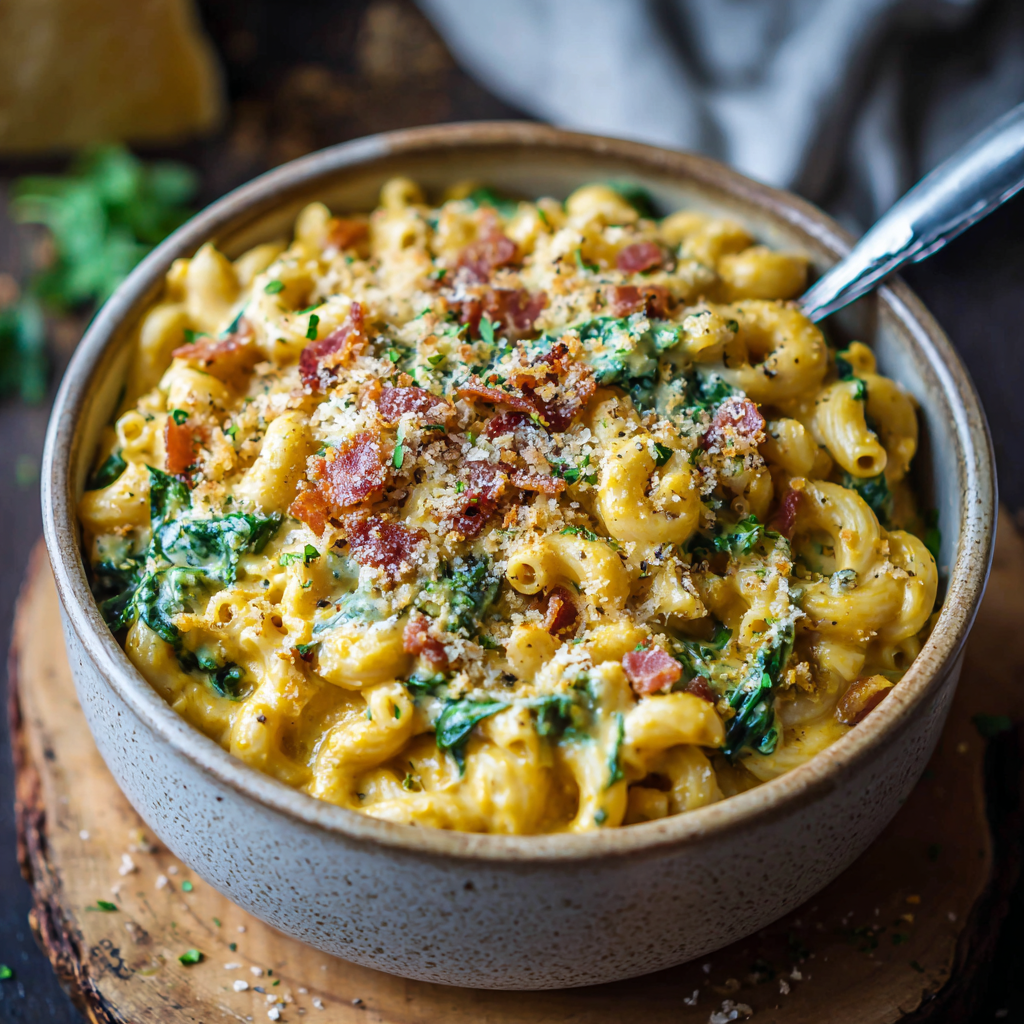 Spinach Bacon Pumpkin Mac and Cheese