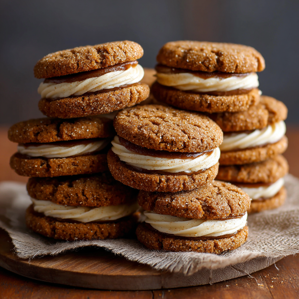 Ginger Molasses Sandwich Cookies with Spiced Eggnog Frosting