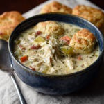 Chicken Pot Pie Soup with Buttered Biscuit Croutons
