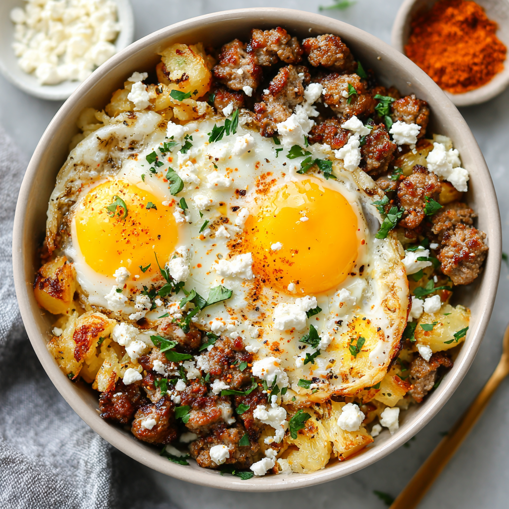 High-Protein Breakfast Bowls with Sausage, Eggs & Hash Browns : Meal Prep Friendly