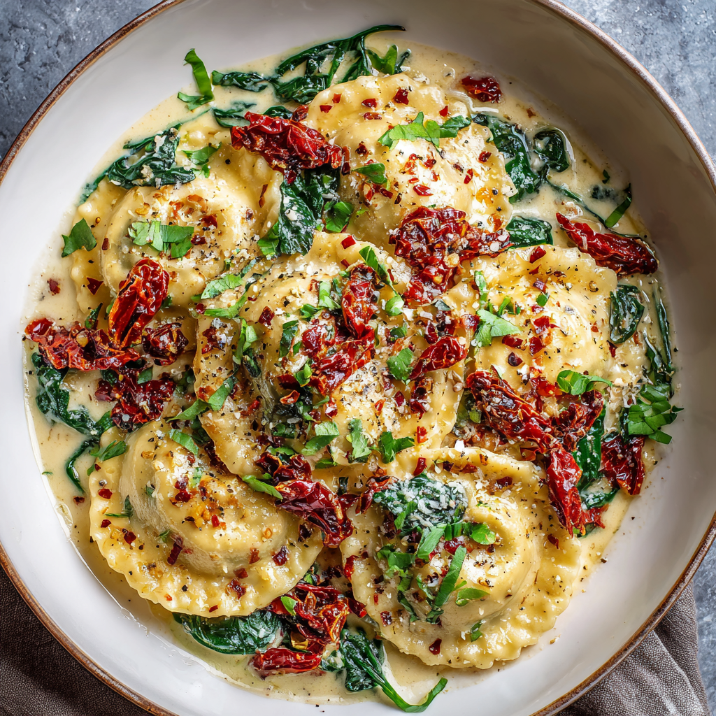 Creamy Tuscan Ravioli with Sun-Dried Tomatoes & Spinach