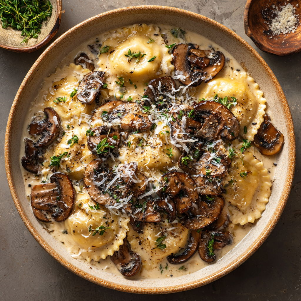 Ravioli in Creamy Mushroom Sauce