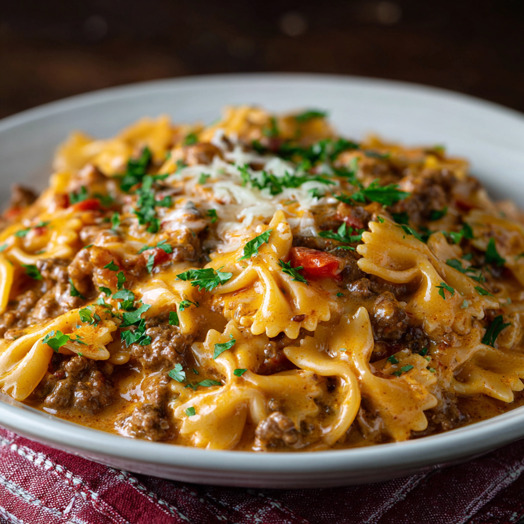 Cheesy Crockpot Beef & Bowtie Pasta