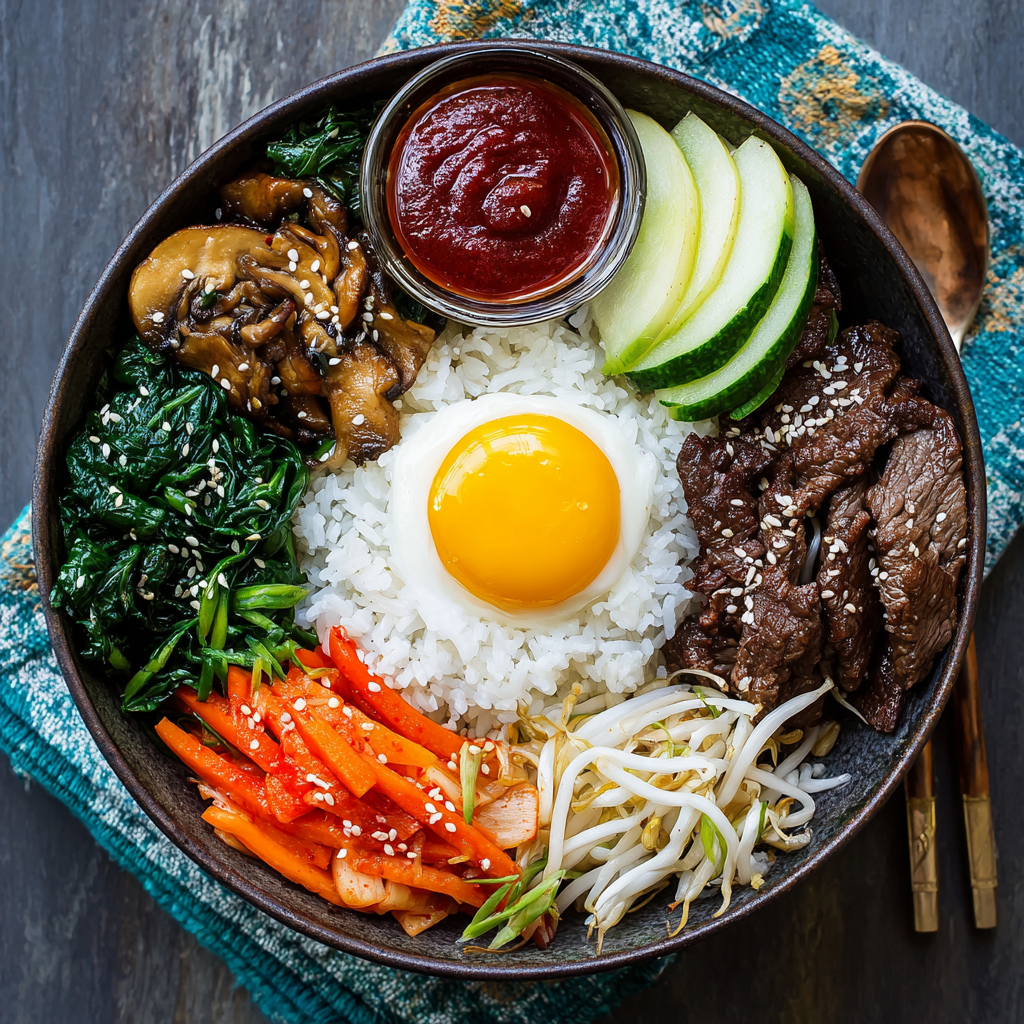 Authentic Korean Bibimbap Recipe : Beef, Veggies, and Spicy Gochujang Sauce