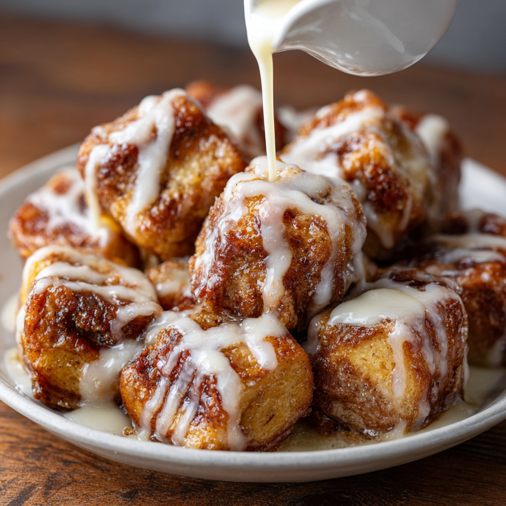 Cinnamon Roll French Toast Bites : Sticky, Sweet, and Drenched in Icing