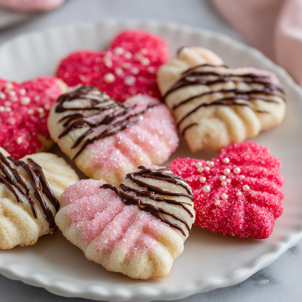 Valentine Spritz Cookies : Buttery Heart Cookies with Sparkling Sugar & Chocolate Drizzle