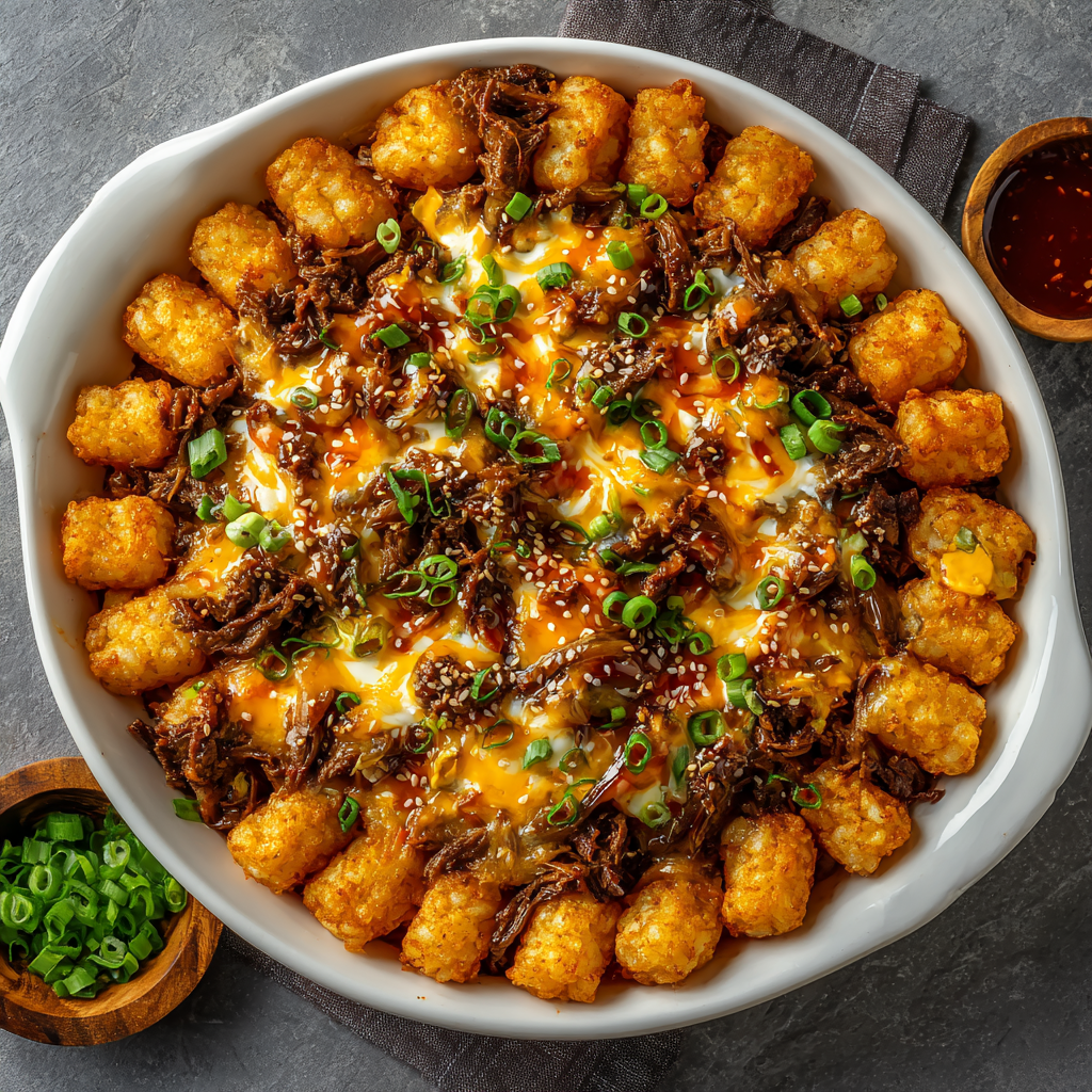 Korean BBQ Tater Tot Casserole with Bulgogi Beef & Gochujang Cheese Sauce