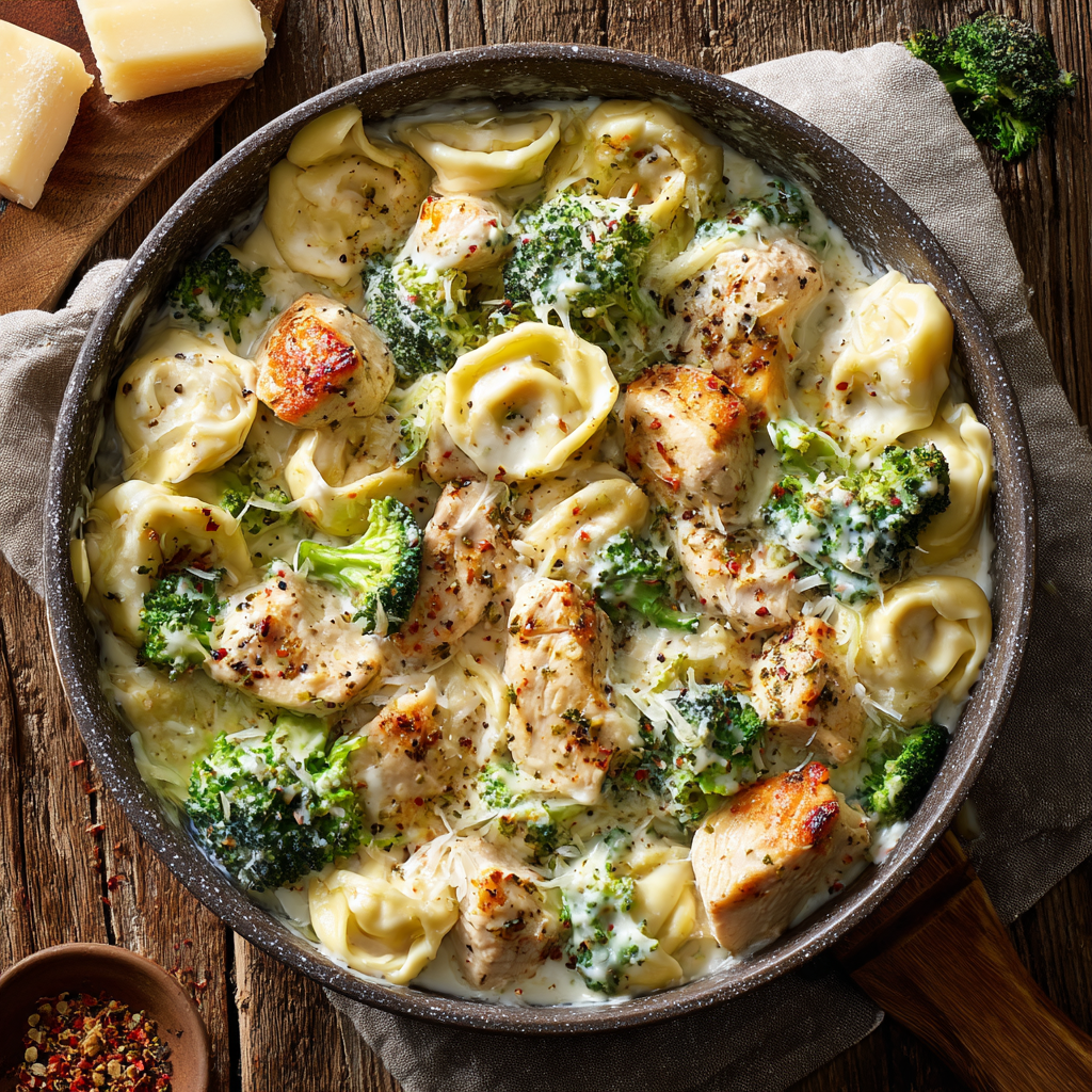 Creamy Garlic Parmesan Tortellini with Chicken & Broccoli : One-Pan Comfort Dinner