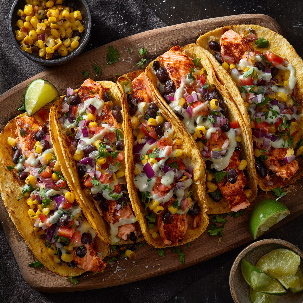 Zesty Salmon Tacos with Corn-Bean Salsa & Creamy Toppings