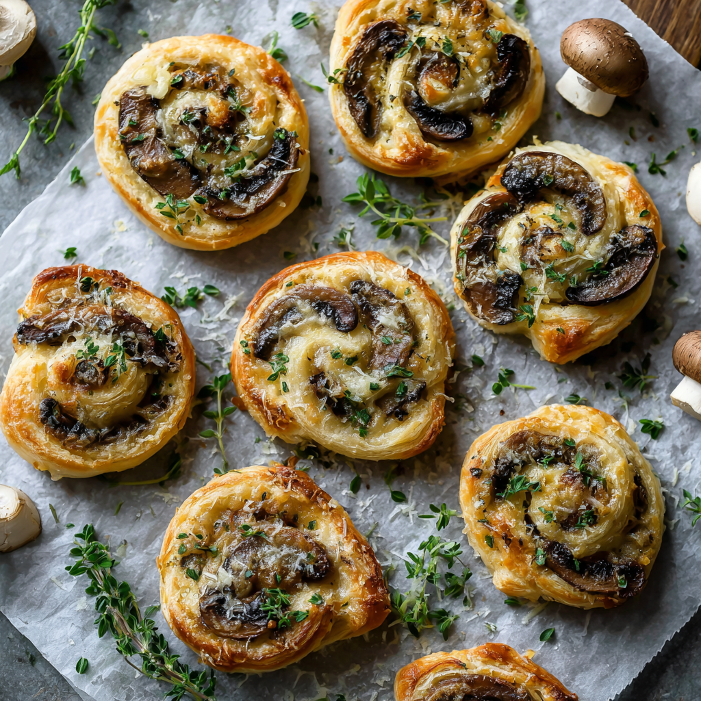Savory Mushroom Puff Pastry Pinwheels with Cheese & Garlic