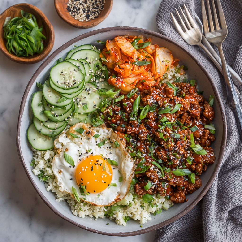 Korean-Inspired Beef Bowl with Cauliflower Rice & Kimchi