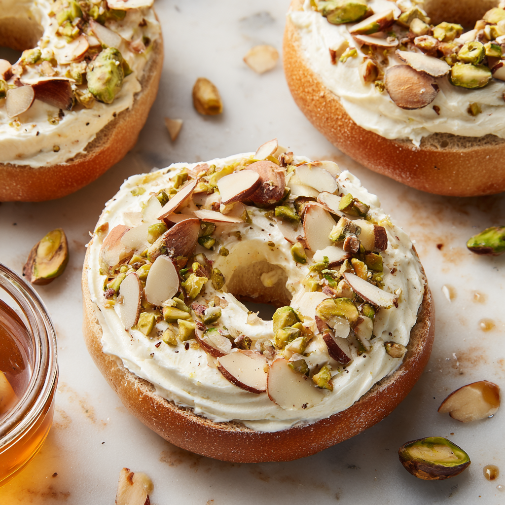 Pistachio-Honey Schmear Bagel Melts with Toasted Almonds