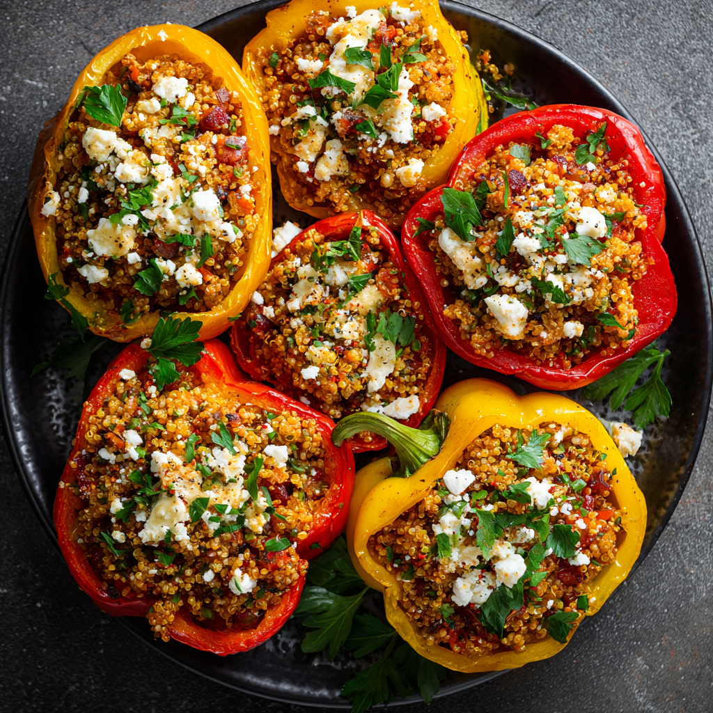 Stuffed Bell Peppers with Ground Turkey & Quinoa : Mediterranean-Inspired