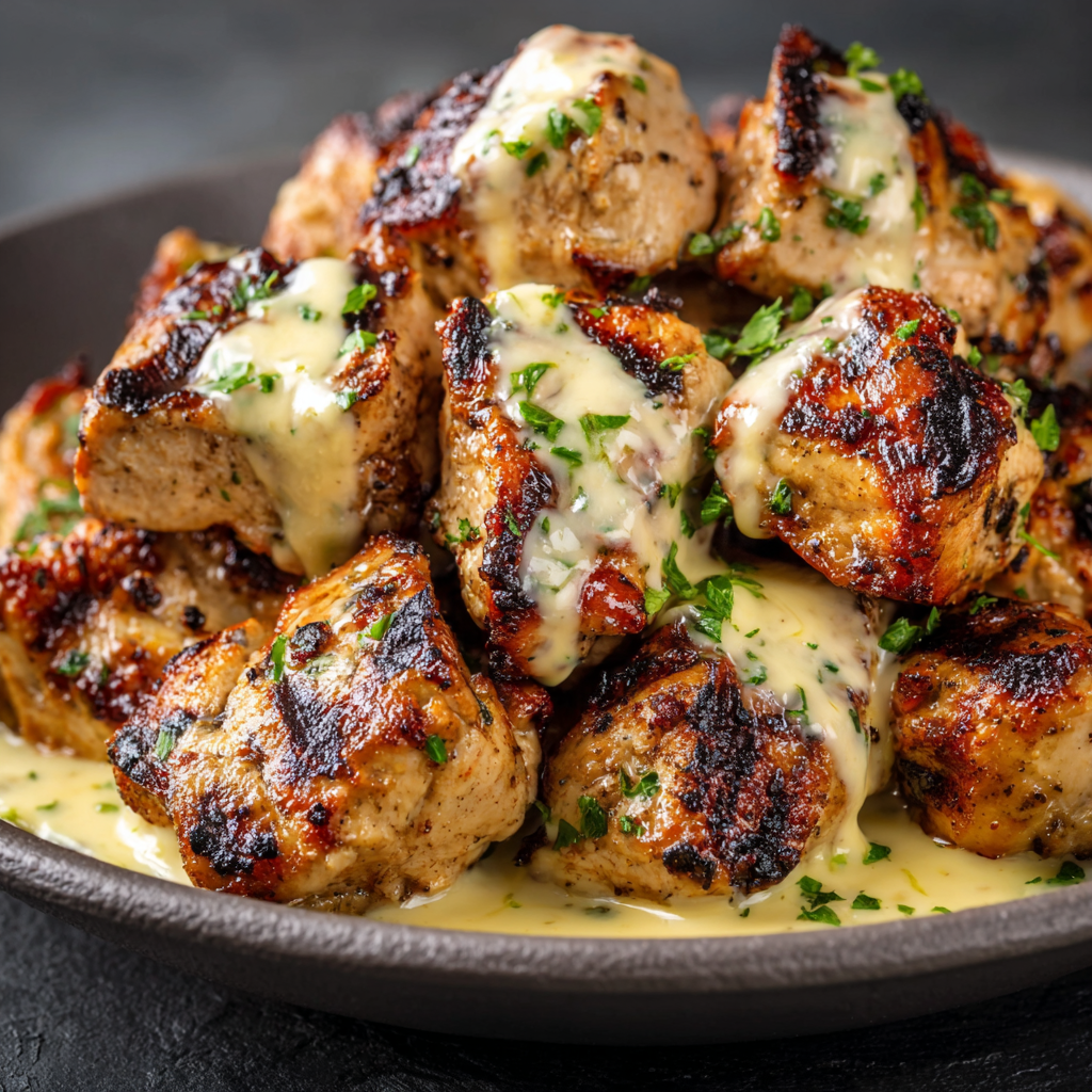 Grilled Chicken Bites with Creamy Garlic Sauce : Easy, Juicy & Packed with Flavor