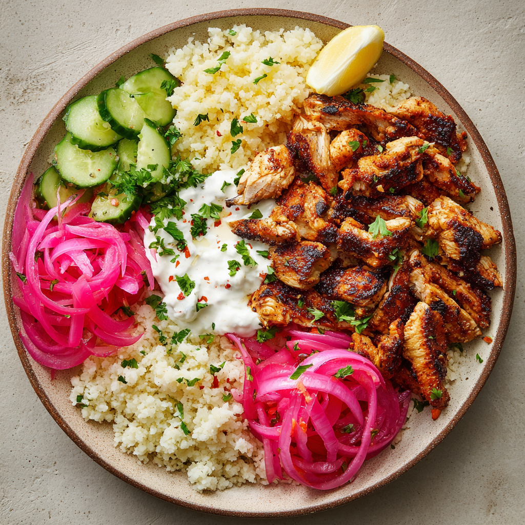 Greek Yogurt Chicken Shawarma Plates with Cucumber Salad & Cauliflower Rice