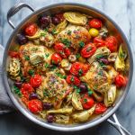 Mediterranean Chicken with Artichokes, Olives & Cherry Tomatoes Spanish Twist: Use manzanilla olives, add smoked paprika, and roasted red peppers. Creamy Version: Stir in ¼ cup heavy cream or coconut milk after braising. White Wine: Replace half the broth with dry white wine for extra depth. Vegetarian/Pescatarian: Swap chicken for chickpeas, firm white fish, or shrimp; adjust cooking time.