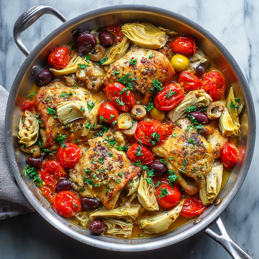 Mediterranean Chicken with Artichokes, Olives & Cherry Tomatoes Spanish Twist: Use manzanilla olives, add smoked paprika, and roasted red peppers. Creamy Version: Stir in ¼ cup heavy cream or coconut milk after braising. White Wine: Replace half the broth with dry white wine for extra depth. Vegetarian/Pescatarian: Swap chicken for chickpeas, firm white fish, or shrimp; adjust cooking time.