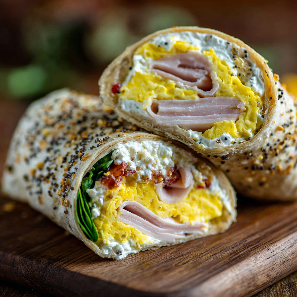 Everything Bagel Breakfast Wrap with Cream Cheese, Egg & Turkey