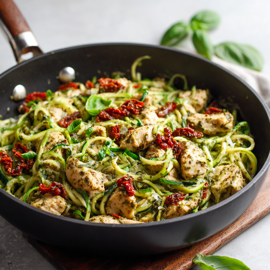 Pesto Chicken Zoodles with Sun-Dried Tomatoes : Low-Carb, Flavor-Packed Skillet