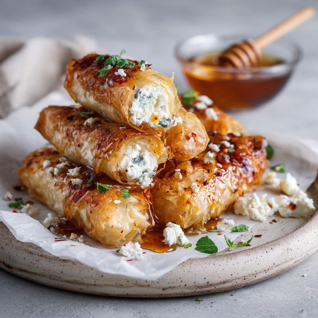 Oven Fried Feta Rolls with Chili Honey : Crispy, Creamy, and Spicy-Sweet